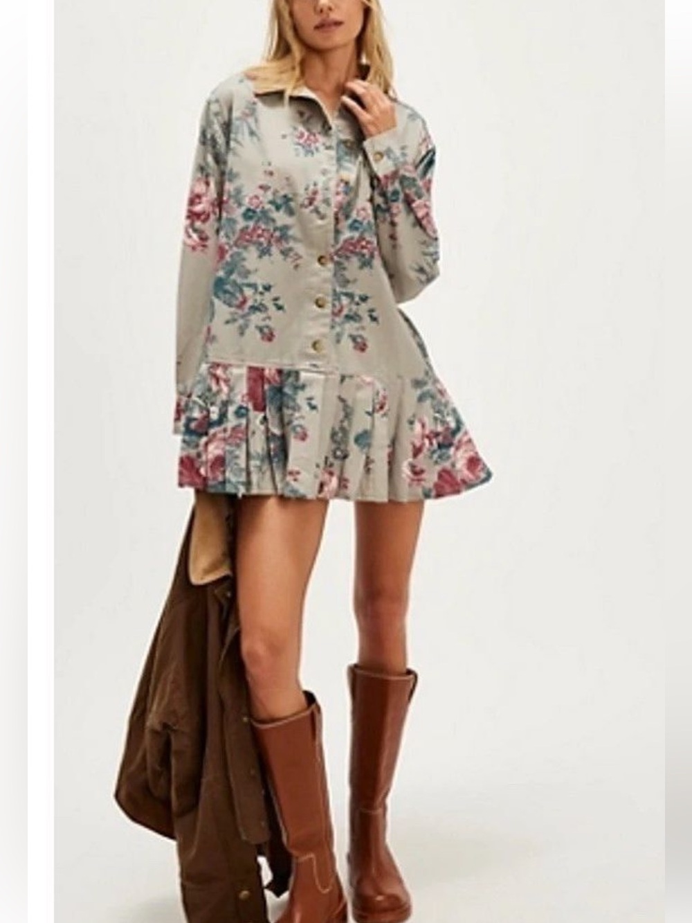 New Free People Connor Printed Mini Dress Pleated Long Sleeve
Cotton